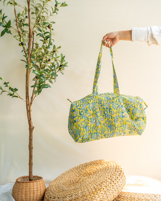 Lime Yellow Blockprint Duffle Bag