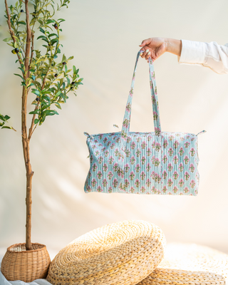 Powder Blue Blockprint Duffle Bag